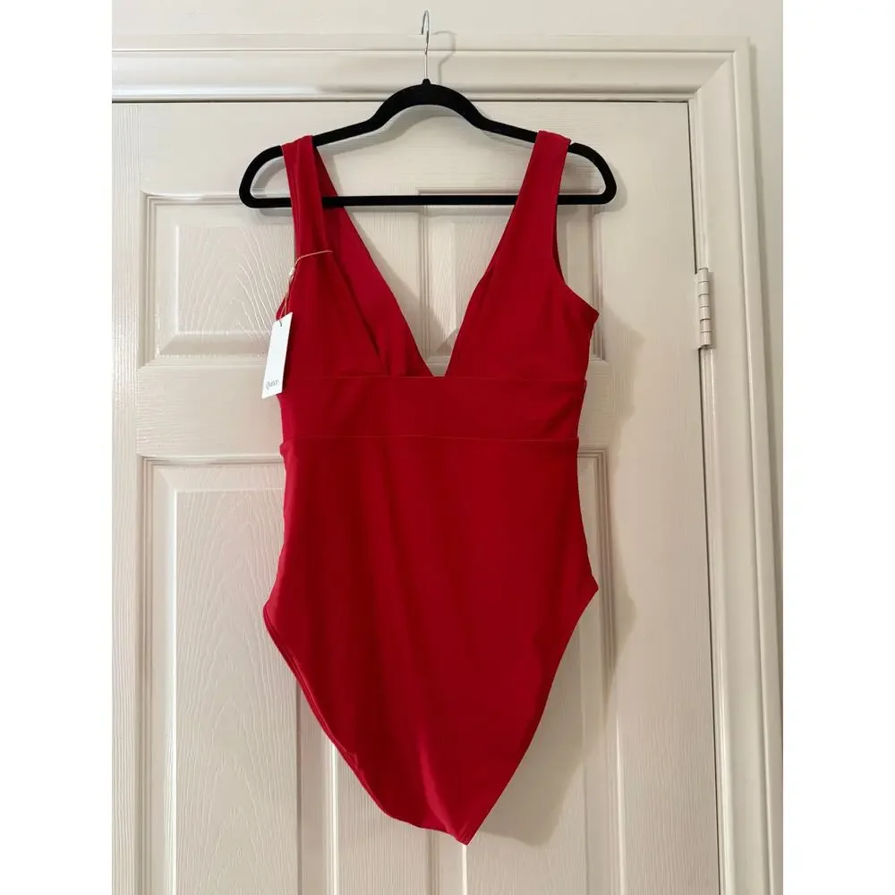 quince italian plunge one-piece swimsuit in cherry red, women various sizes